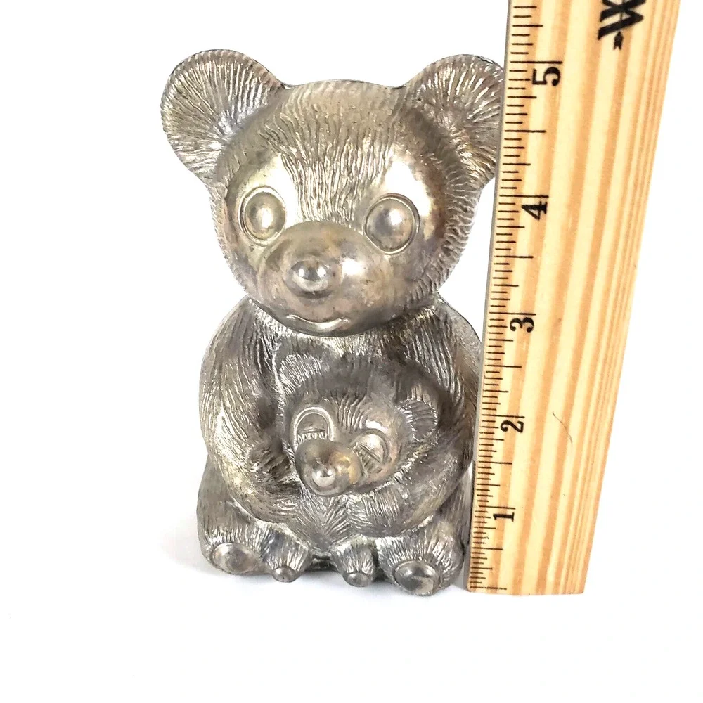Baby Bear Holding Teddy Bear - Metal Bank / Statue - Vintage Made Taiwan 1970's!